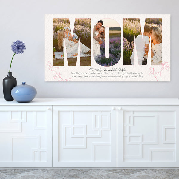 Horizontal Mother's Day photo collage with multiple family photos and personalized text, custom gift for mom showcasing cherished memories.
