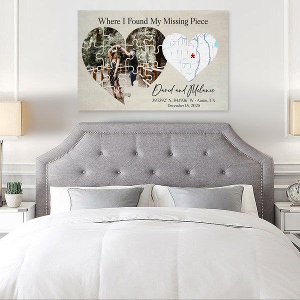 Where I found my missing piece personalized map puzzle heart canvas