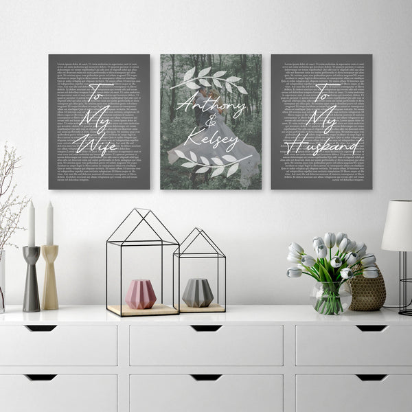 Set of 3 wedding vows canvases displayed side by side on wall