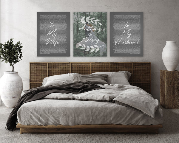 Set of 3 wedding vows canvases displayed side by side on wall