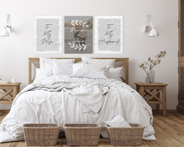 Set of 3 wedding vows canvases displayed side by side on wall