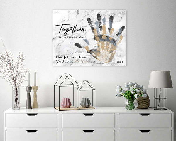 Marble Family Handprint Canvas on Wall in family room