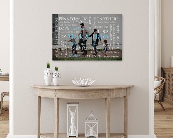 Personalized Word Art Photo Design Canvas hanging on the wall in the hallway