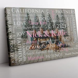 Personalized Word Art Photo Design Canvas leaning against the wall
