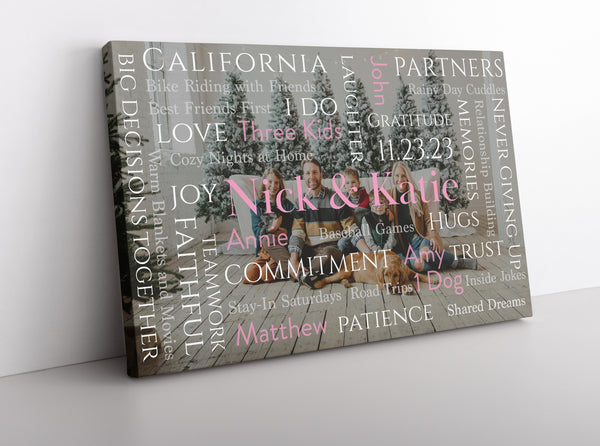 Personalized Word Art Photo Design Canvas leaning against the wall