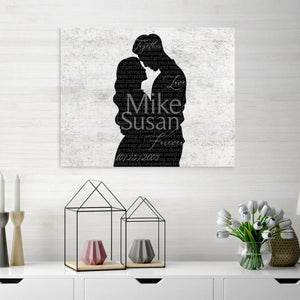 Personalized Couple Word Silhouette Canvas hanging on wall in hallway