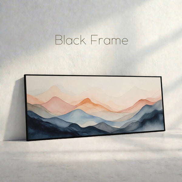 Framed artwork with a mountain landscape design with a black frame