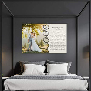 This is a personalized love photo with either song lyrics, vows, love letter with the wedding date included