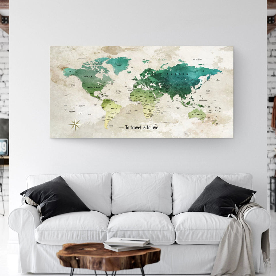 Push Pin Travel Map - Greens and Yellow