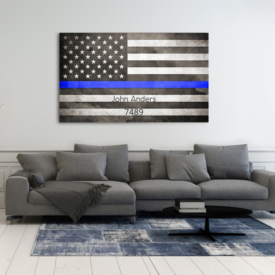 Personalized Canvas  American Flag With Thin Blue Line