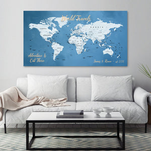 Push Pin Travel Map Blue Ocean Canvas